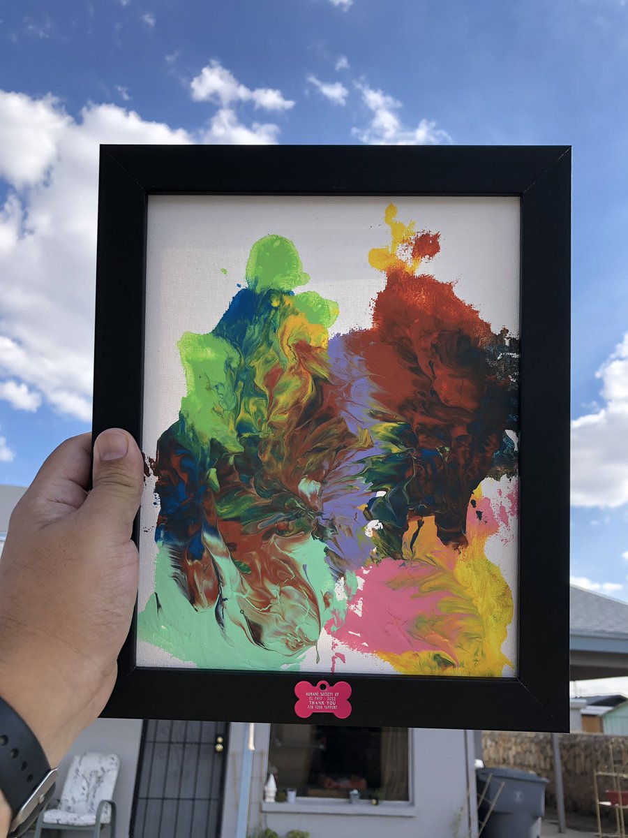 default_player's tweet photo. I wanna thank @humanesocietyep for the awesome gift. Here’s some context: They asked if I had some stickers I could donate to their summer art camp. I said yes. We got a tour of the facilities. I was asked to come back for this awesome painting that a pup painted. #defaultplayer https://t.co/TzWl8Ke4jQ