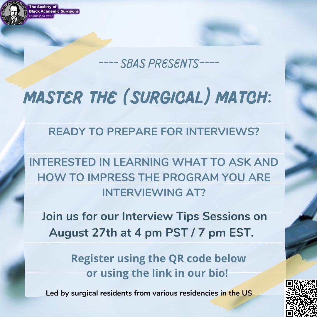 SocietyofBAS's tweet photo. π£4th year MED STUDENTS:
Our #SBASMatch2023 summer series continues THIS SATURDAY, 8/27 at 7 EST/ 4pm PST!
Get tips & all your questions about #Match2023 INTERVIEWS answered!π
Signup here: https://t.co/DdlA72QF29
Donβt Miss It!
#SurgeryMatch2023 #SBASMedStudentCommittee https://t.co/hd2BgZqTlS