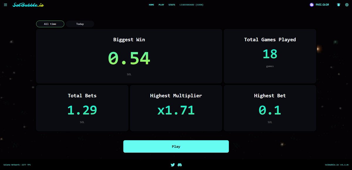 BACK UP AGAIN 
solbubble.io/play

New additions:
1. Stats page (daily &amp; all time).
2. Much solid improvements to the algorithm.
3. Hardened security.

LFG... We haven't started yet fam 🚀

#Solana $SOL #SolanaNFT