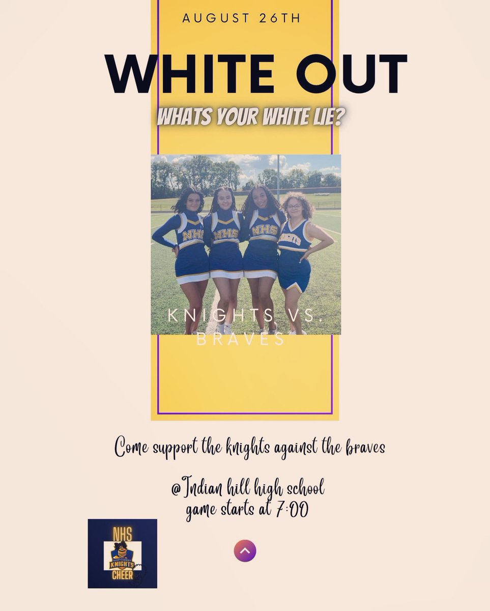 CheerNWHS's tweet photo. Tomorrow is game night, come out and show your white lie. 💙💛🏈

** KNIGHTS VS INDIAN HILL AT INDIAN HILL 💛💙💛💙. 

Game starts @7pm https://t.co/ZCiahebdYG