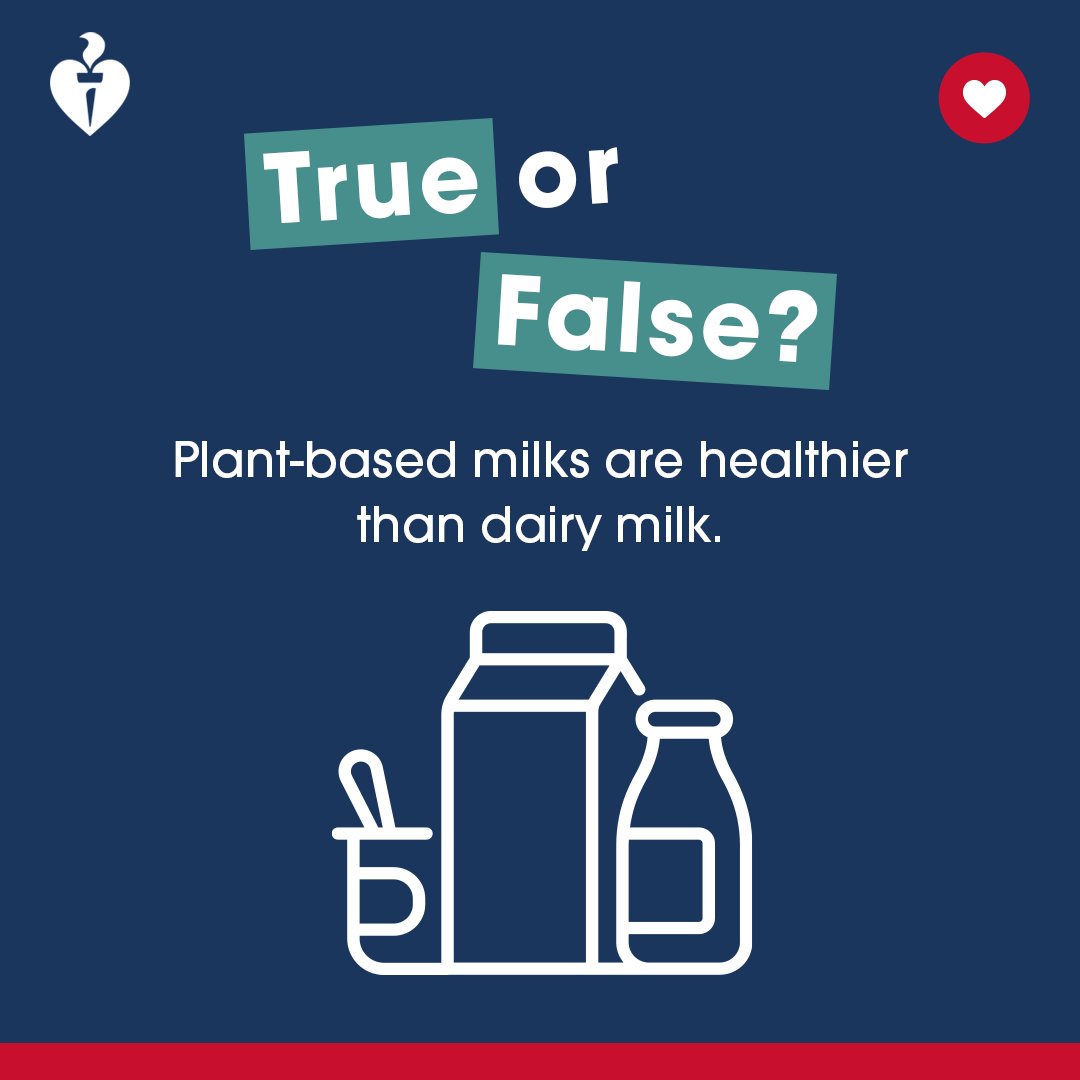 FALSE ❌ Choosing dairy milk or plant-based milks is a personal decision, and both can be part of a heart-healthy diet! If you choose to drink plant-based milks, it’s important to choose one fortified with calcium and with no added sugar ✅ Learn more 👉 fal.cn/3rm4i