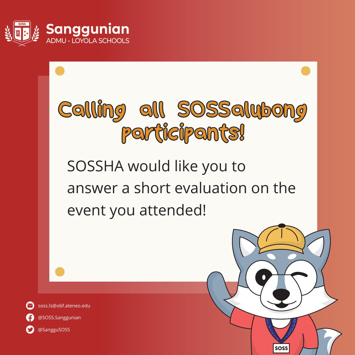 SangguSOSS's tweet photo. Did you have a great time during SOSSalubong 2022: Pihit? 

Let us know your thoughts, feedback and inputs on the event! You may access the evaluation form through the link attached below:

https://t.co/cDvCDr2Y1W

Until next time! https://t.co/u8jEy0myks