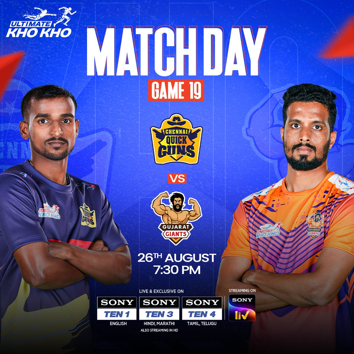 ultimatekhokho's tweet photo. Chennai Quick Guns have Gujarat Giants in their sights while Mumbai Khiladis are hungry for revenge against Telugu Yoddhas ⚔️
Tune in to Sony Sports Network from 7:30 PM onwards to catch the LIVE action 📺
#CQGvGG #MKvTY #UltimateKhoKho #IndiaMaarChalaang #AbKhoHoga #KhoKho https://t.co/deGD4Bulfv