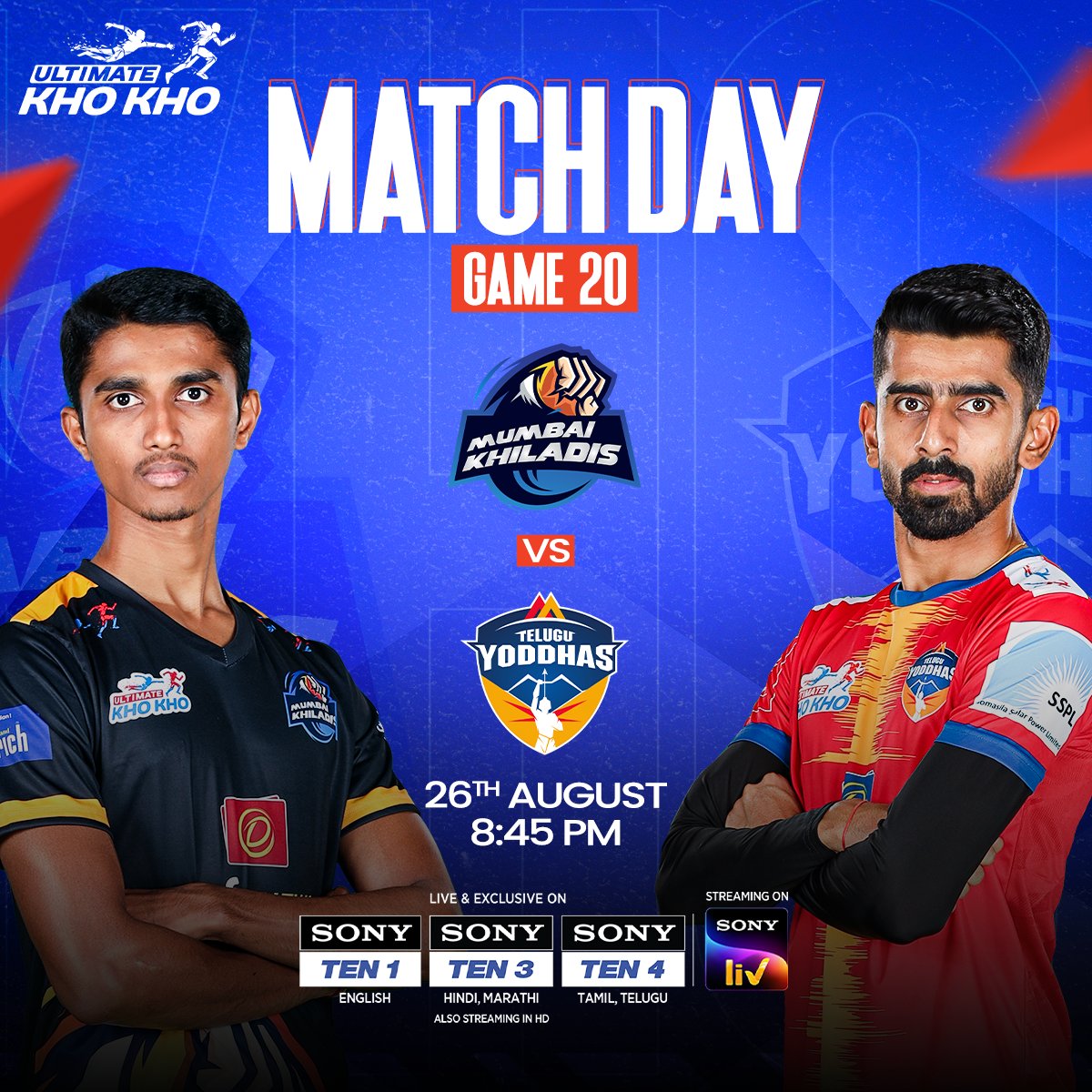 ultimatekhokho's tweet photo. Chennai Quick Guns have Gujarat Giants in their sights while Mumbai Khiladis are hungry for revenge against Telugu Yoddhas ⚔️
Tune in to Sony Sports Network from 7:30 PM onwards to catch the LIVE action 📺
#CQGvGG #MKvTY #UltimateKhoKho #IndiaMaarChalaang #AbKhoHoga #KhoKho https://t.co/deGD4Bulfv