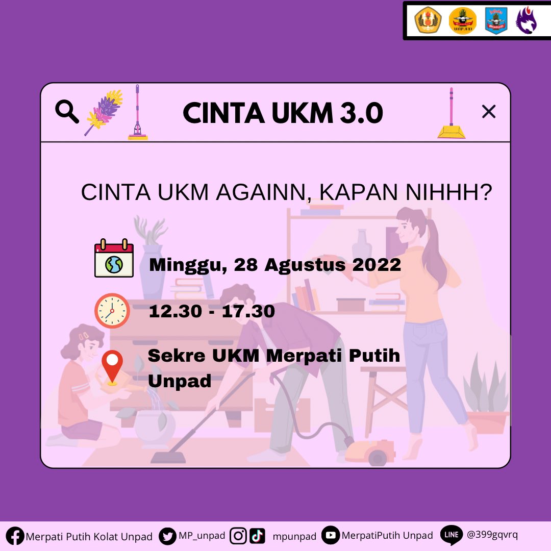 [MADING INFO LOGISTIK] 

KEGIATAN CINTA UKM 

Hari/tanggal : Minggu, 28 Agustus 2022
Tempat : Sekretariat UKM MPUP (sekre ukm barat)
Waktu : 12.30-17.30 PM

Ditunggu kehadirannya mas mba semua!! 

Kabinet Gelora Cita🔥 
#mpup #mpunpad #silatindonesia