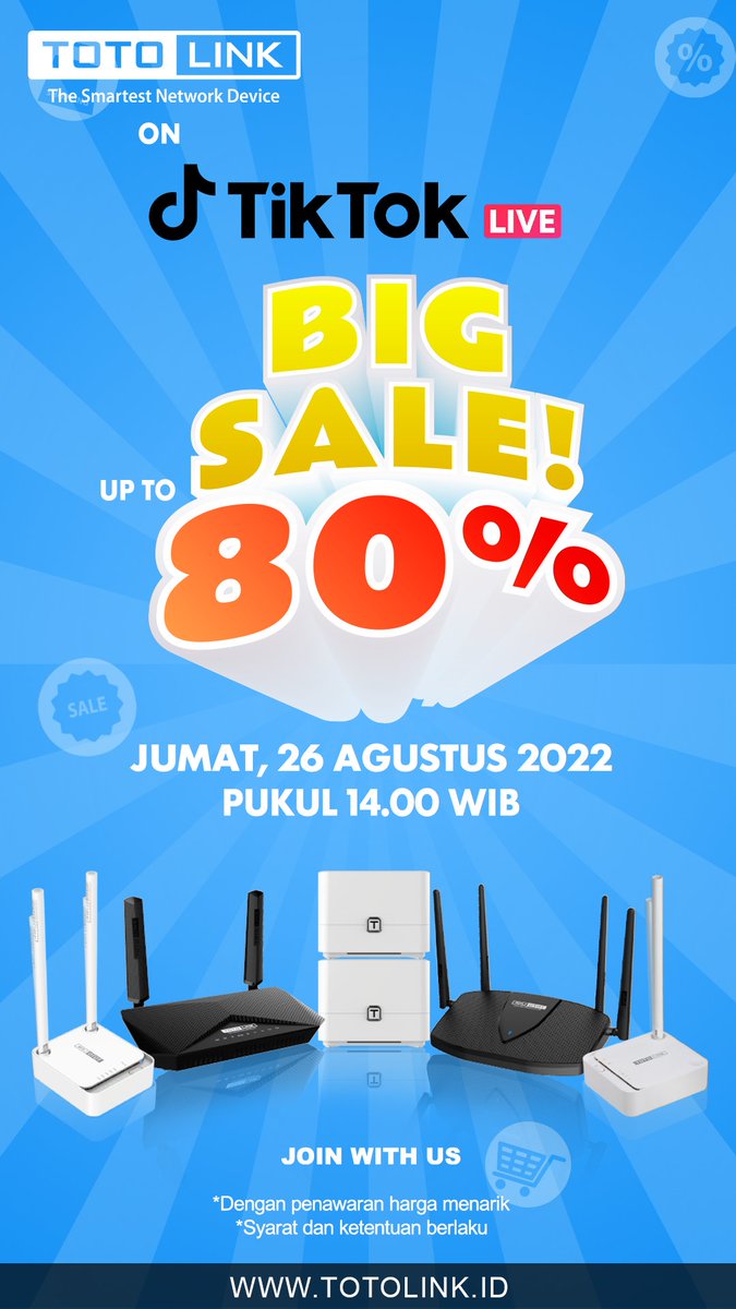 totolinkID's tweet photo. Tiktok BigPromo, buat kamu para pecinta produk totolink. Save the day for the big promo router dari TOTOLINK
#TOTOLINK #BigPromo #SalePromo #tiktok #tiktoklive #fridaysale #Totolinkindonesia #RouterCanggih #RouterWIFI https://t.co/80zGWs9MH0