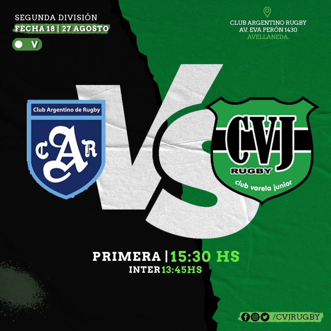 Nueva jornada del torneo de la <a href="/URBA_ok/">URBA</a> 

Visitamos a <a href="/ArgentinoRugby/">Club Argentino Rugby</a> por la fecha 18 de la #SegundaDivision 

#VamosVerde #CVJR #Urba