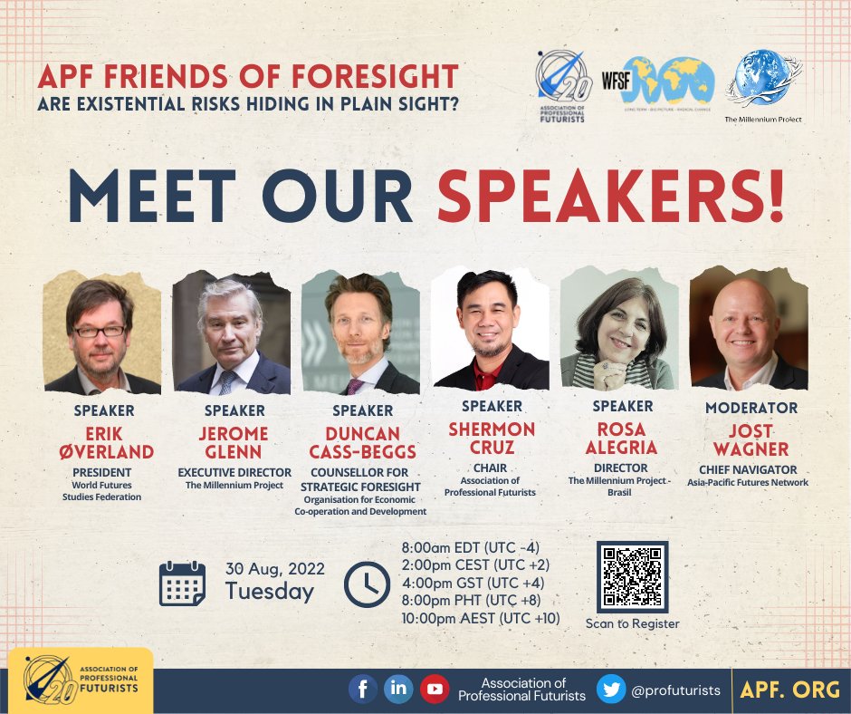 profuturists's tweet photo. 𝗟𝗘𝗧𝗦 𝗧𝗔𝗟𝗞 𝗔𝗕𝗢𝗨𝗧 𝗘𝗫𝗜𝗦𝗧𝗘𝗡𝗧𝗜𝗔𝗟 𝗥𝗜𝗦𝗞𝗦!

Our latest speaker to join in on the conversation is Duncan Cass-Beggs. He will share the stage with our speakers Jerome C. Glenn, Shermon Ortega Cruz, Erik F. Øverland, and Rosa Alegria, moderated by Jost Wagner. https://t.co/bsg3js6Jz8