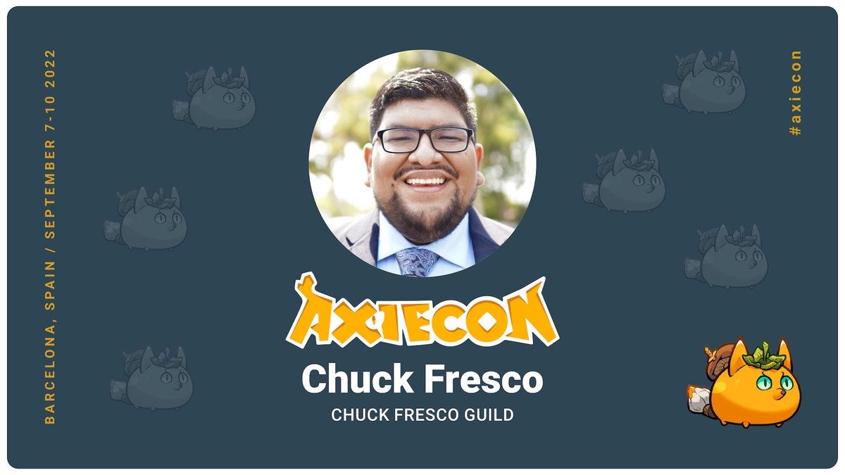 ChuckFresco's tweet photo. I’m looking forward to sitting down with my good friends @cloudwhite  and @Axie44  at #AxieCon in Barcelona Sept 7-10 to talk about the good ole days in our panel "Axie Infinity: Stories From 2018". Catch my talk here: 

https://t.co/QMjM83VwWf https://t.co/PH9zvZ2ccJ