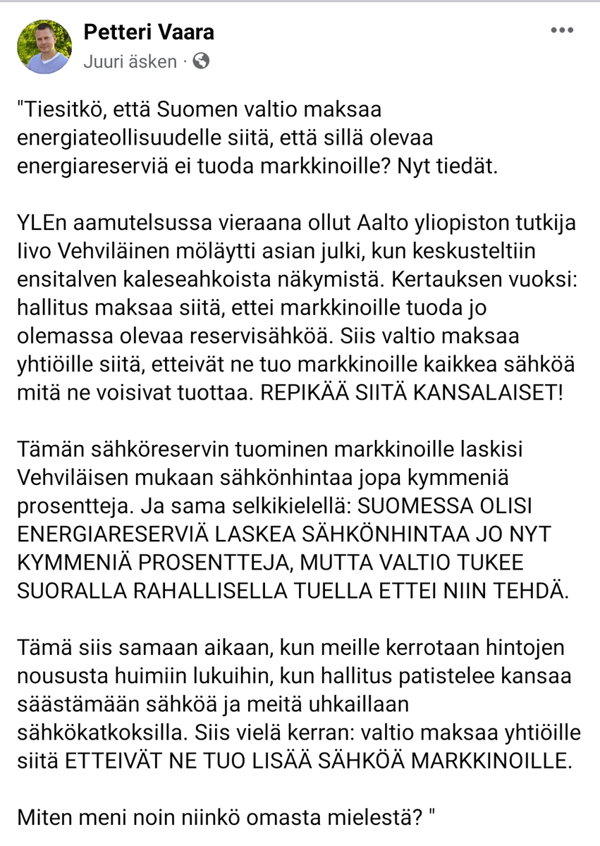 petteri_vaara's tweet photo. Tiesitkö, että Suomen valtio maksaa energiateollisuudelle siitä, että sillä olevaa energiareserviä ei tuoda markkinoille?

YLEn aamutv vieraana ollut Aalto yliopiston tutkija Iivo Vehviläinen möläytti asian julki, kun keskusteltiin ensitalven kaleseahkoista näkymistä. https://t.co/X9ojETK5Ny