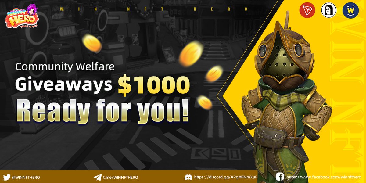 WIN NFT HERO #Giveaway time!
 
🏆 500 USDT (25 winners)
⏲️August 26-August 29
 
Tasks:
1⃣Follow <a href="/winnfthero/">WIN NFT HERO</a>
2⃣Join t.me/WINNFTHERO &amp; discord.gg/ekC6AVy5xv
3⃣RT, ❤&amp; Tag 3 friends
 
Submit the form here: forms.gle/G41qLzjbNEhYkC…