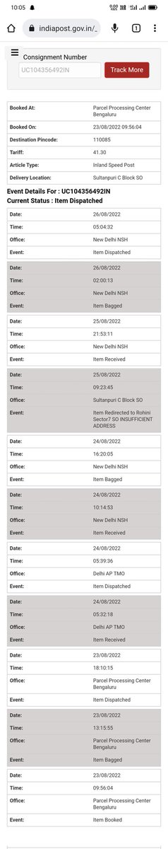 DGuppta's tweet photo. @IndiaPostOffice article is walking around my near post office. But article is not delivering. I have gone Rohini Sec 7 Post office. They said your article has come here but article will be delivered today but no one came. Please consider my issue on priority basis. https://t.co/dbiw0OLyo5