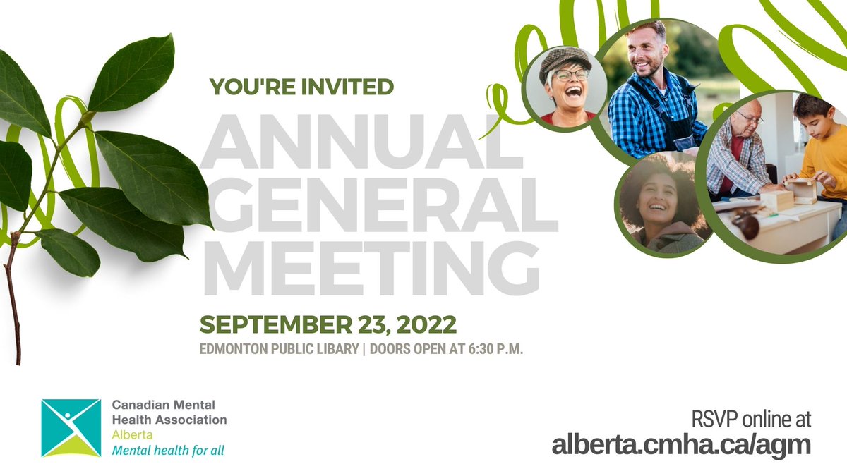 Join us for our 2022 Annual General Meeting on September 23, 2022, from 6:30 p.m. to 8:00 p.m. (MST) at the Stanley A. Milner Library in  Edmonton. RSVP by September 20, 2022, on Eventbrite: ow.ly/QRZA50Kh7vz
#annualgeneralmeeting #mentalhealthab