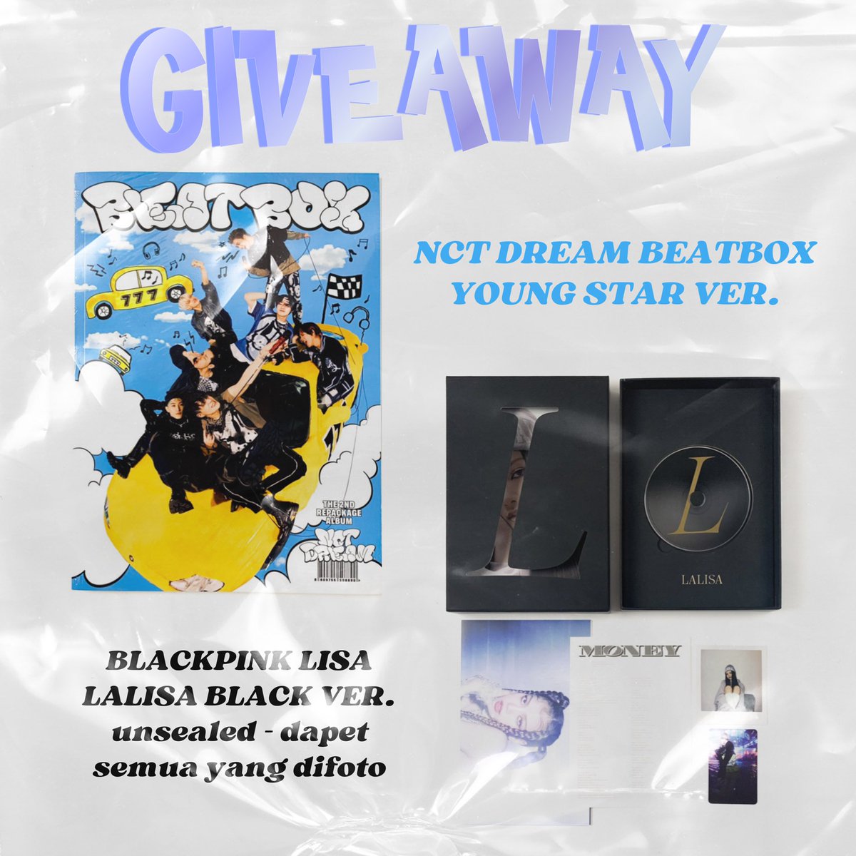 luciouskhouse_'s tweet photo. #LK_EVENT GIVEAWAY ALBUM NCT DREAM & BLACKPINK LALISA untuk 2 pemenang!
Rules :
1. Follow sosmed luciouskhouse,
2. Like, retweet & comment album yang kamu mau, tag temenmu,
3.Tebak fandom 3 admin ;
- admin b
- admin mars
- admin tr
4.Diumumkan tanggal 31 Agustus. https://t.co/sJKXONPifS