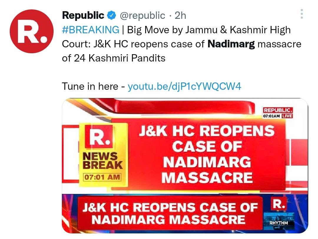 vivekagnihotri's tweet photo. BRILLIANT NEWS:
After 20 yrs #RightToJustice for 24 Hindus killed by Islamic terrorists (as shown in the climax of #TheKashmirFiles)

Don’t forget @ArvindKejriwal called it झूठी कहानी। @INCIndia called it PROPAGANDA. Bollywoodiya doesn’t want it to go to Oscars. 
Any guess, WHY? https://t.co/Fgea1b0fce
