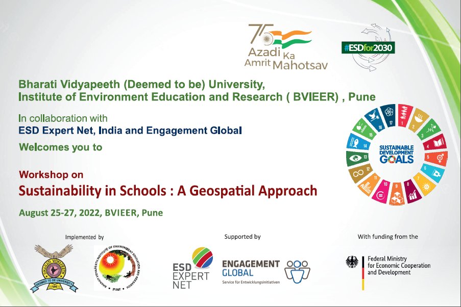 BVIEERpune's tweet photo. BVIEER is hosting Workshop on 'Sustainability in Schools: A spatial approach' for 25 schools from 25-27 Aug, 22. The aim is to build capacity in schools for using geospatial technologies to localise the SDGs through change projects! #ESDexpertnet @BMZ_Bund @EngGlobal #SDGs https://t.co/CUkwEhFmWA