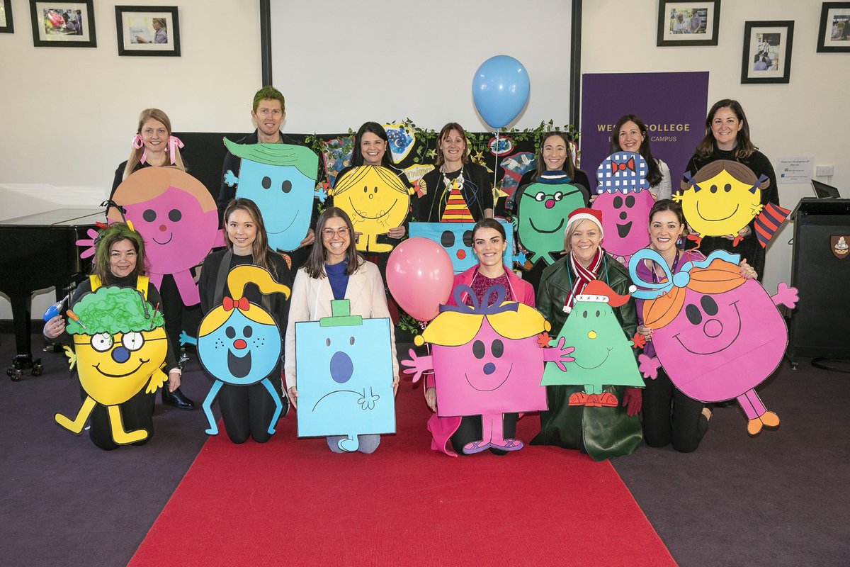 Wesley_College's tweet photo. Our Elsternwick Campus Junior School staff went all out for Book Week this year, getting in touch with their dominant personality trait, by dressing up as their favourite Mr. Men and Little Miss characters. 

#BookWeek #DreamingWithEyesOpen https://t.co/fDHl6rvNUw