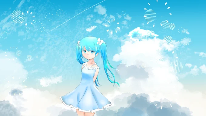 勿草さんの青空とミクさん!夏らしい風景がとっても良いですね!青色で統一されたデザインも素敵です!(*^。^*)【】 #piapro #初音ミク 