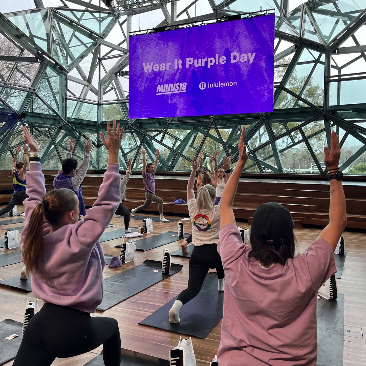 Morning everyone! Happy #wearitpurpleday . We’re celebrating with free yoga, as part of Wellbeing Village, with <a href="/minus18youth/">Minus18</a> and <a href="/lululemonAUSNZ/">lululemon AUS & NZ</a> . Wellbeing Village is presented by Fed Square and <a href="/VicHealth/">VicHealth</a> with support from Major Partner <a href="/australianunity/">Australian Unity</a> 💜