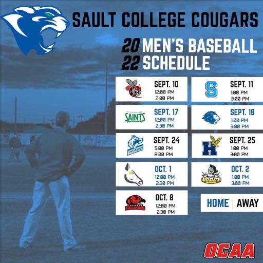 Welcome to the 2022-2023 Sault College Men’s Baseball twitter! Attached is our schedule for this season.

We will play 8 games at our home park (IDA Park @ Sinclair Yards) and 10 away games.

We all look forward to seeing everyone at the park this fall!