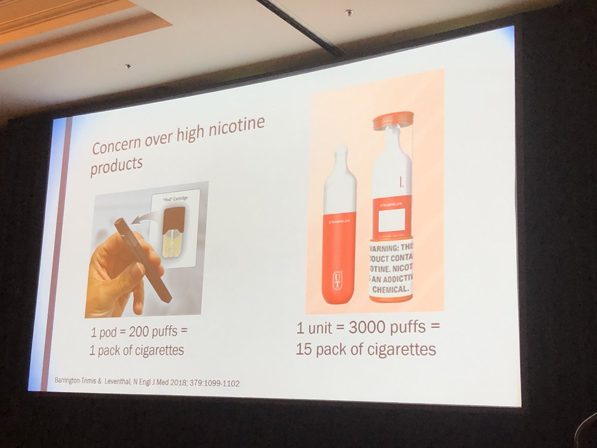 KanabarMd's tweet photo. Wide range of nicotine content of ecig pods, generally 1 pod = 1 pack of cigarettes - Dr. Pam Ling @csam_connect #2022csam #addiction #tobacco #nicotine https://t.co/vrl4nQPGJY
