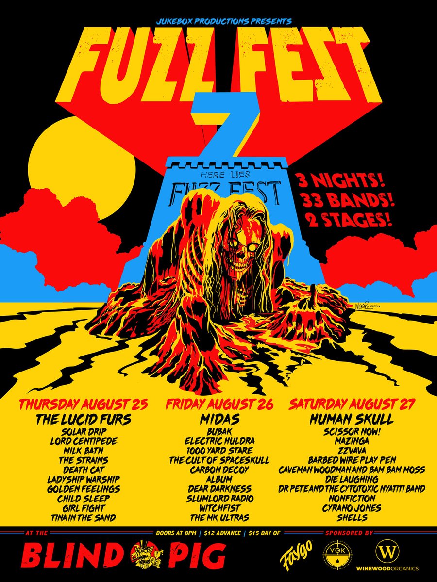 JeremyWheeler's tweet photo. Which brings us to #FuzzFest 7. My first not behind the lightboard. Totally by choice. By my count, I logged in around a 100 hours behind it. Dig the poster, my first blacklight print from @vgkids in nearly forever. The lineup is nice. @Real_Krcatovich! @child_sleep! Shells! https://t.co/mO14I8DwJJ