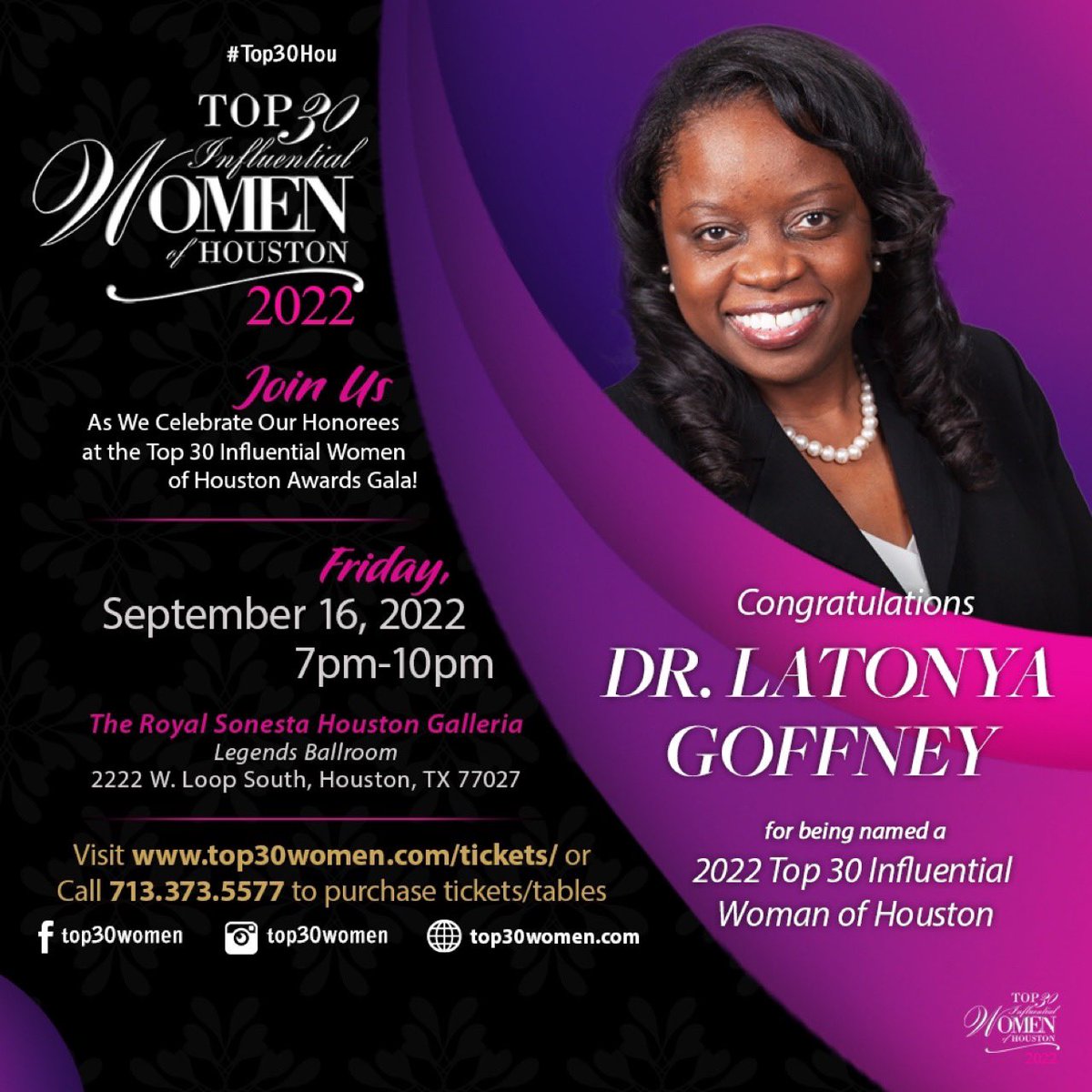 drgoffney's tweet photo. God is good!
Iβm excited to be recognized as one of the Top 30 INFLUENTIAL WOMEN of HOUSTON! I am grateful for the nomination and the recognition, and I look forward to celebrating with all the other honorees.
#Top30HOU https://t.co/qLeHp2BqlZ