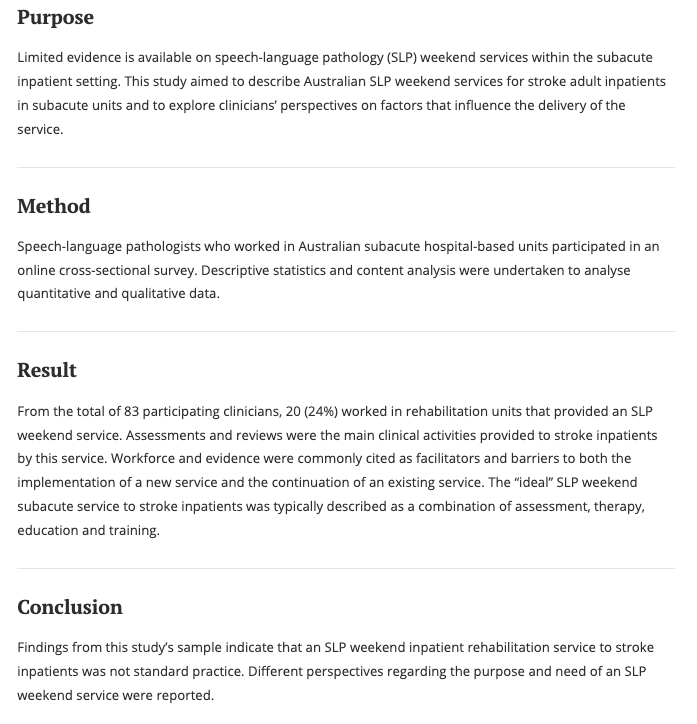 International Journal of Speech-Language Pathology (@ijslp) on Twitter photo The role of speech-language pathology weekend service in inpatient subacute care: A national survey
Davies, Lanyon & <a href="/DrRobOH/">Robyn O'Halloran</a>
tandfonline.com/doi/full/10.10… The role of speech-language pathology weekend service in inpatient subacute care: A national survey
Davies, Lanyon & <a href="/DrRobOH/">Robyn O'Halloran</a>
tandfonline.com/doi/full/10.10…
