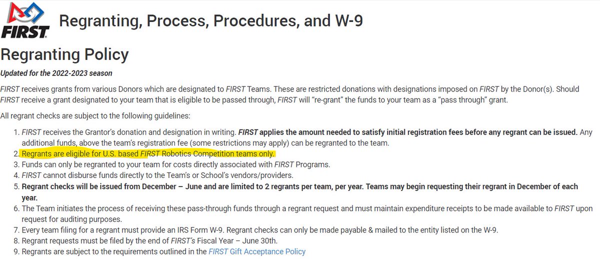 Warning to all FTC teams who rely on FIRST's regrant program that FIRST is no longer regranting funds to FTC teams: If you receive grant money that is sent to FIRST, you will only be able to use that money on items from FIRST's FTC storefront. <a href="/FTCTeams/">FIRST Tech Challenge</a> <a href="/IllinoisFIRST/">FIRST Illinois Robotics</a> <a href="/DeanKamen/">Dean Kamen</a>