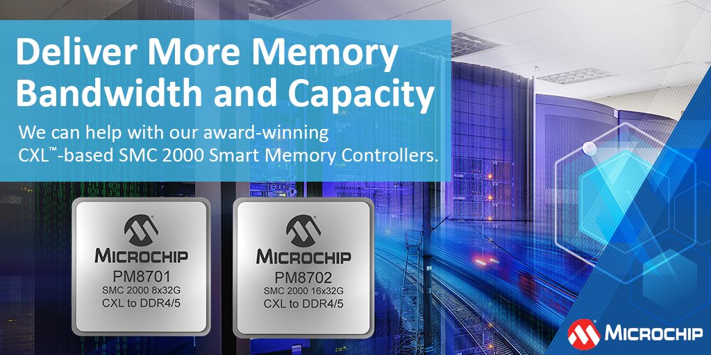 MicrochipTech's tweet photo. Designed with more memory bandwidth per core and more memory capacity per core to break through the memory bottleneck, learn about our award-winning SMC 2000 Smart Memory Controllers: https://t.co/i3jcxpdYpW. #computeexpresslink #cxl #ddrmemory https://t.co/L9lI3AfEQm