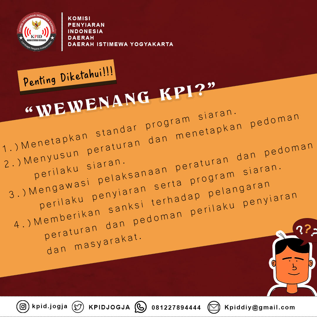 kpidjogja's tweet photo. Halo, sobat penyiaran 👋🏻 

Apa saja sih wewenang KPI? Yuk lebih mengenal KPI. Dengan simak konten di atas!

- - - - - - - - - - - - - - - - - - -
KPID DIY Official Account: 
Instagram: @kpid.jogja
Twitter: @KPIDJogja
Email: kpiddiy@gmail.com
#KPIDJogja

Kreator:
@ellfarizm https://t.co/owCKPmXeJQ