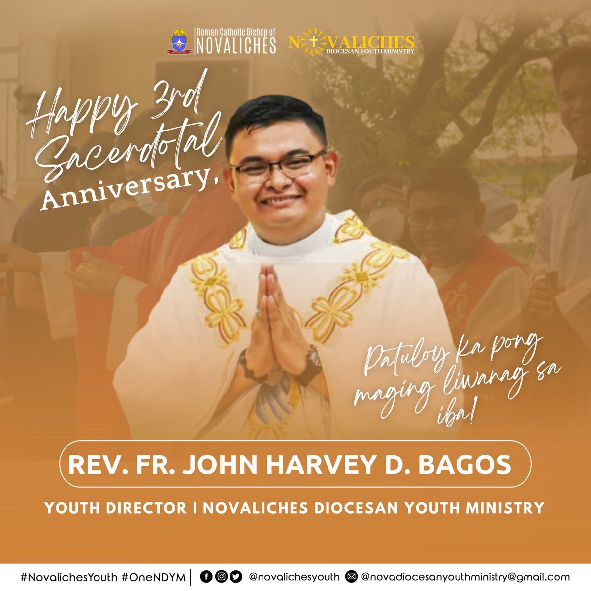 novalichesyouth's tweet photo. Mula sa Kabataang Novaleño, binabati ka namin ng maligayang Anibersaryo ng Pagkapari, Pads Harvey!

Isa kang tunay na biyaya sa bawat isa. Nawa’y magpatuloy kang maging liwanag sa iba. 

Nagmamahal,
NDYM Family ❤️

#NovalichesYouth
#OneNDYM https://t.co/rznn4v1fU6