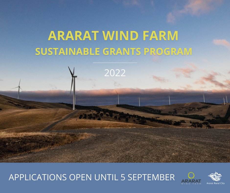 The 2022 Ararat Wind Farm Sustainable Grants Program has opened for applications! 

For more information visit our website via ararat.vic.gov.au/services/grant…