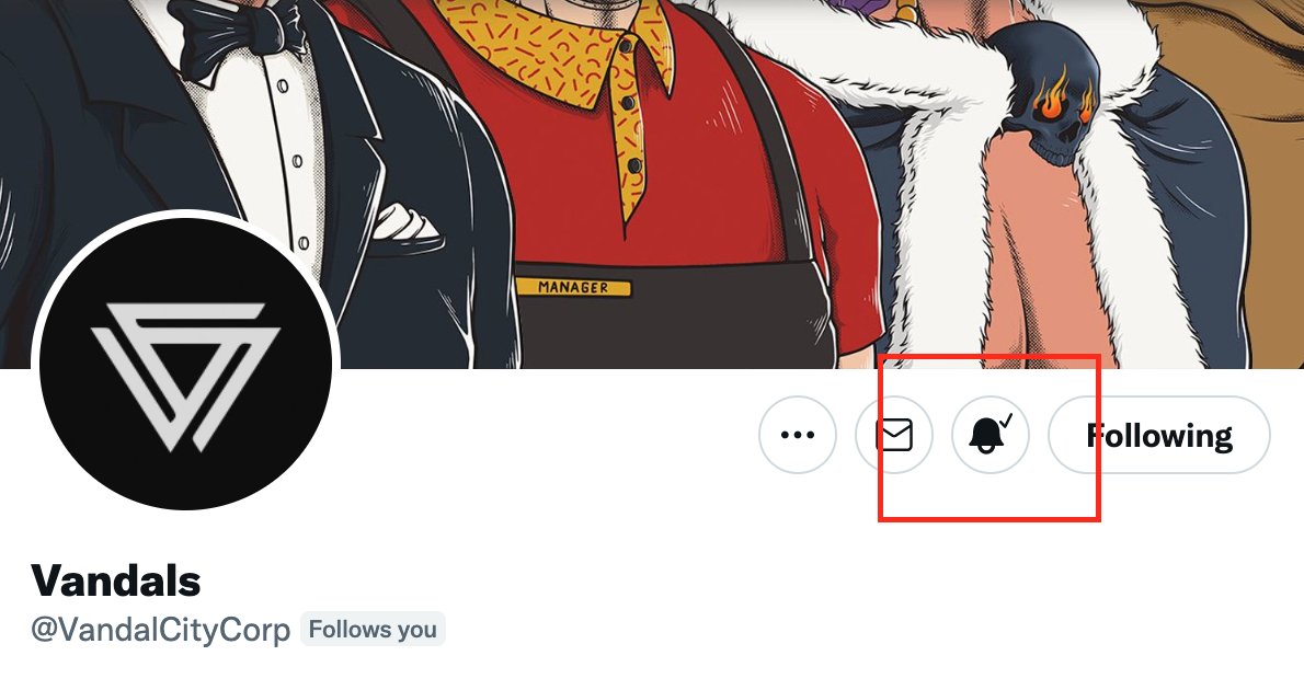 200 $VAULT to 5 different people that turn on post notifications! 🎉 Join the Vandals Noti Gang 😈

Must also:
- Show pic proof in the comments
- Like &amp; retweet this post

Winners announced tomorrow! #VandalTakeover