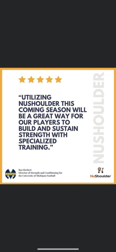 NuShoulder's tweet photo. We are sharing a review on NuShoulder from Ben Herbert, Director of Strength and Conditioning for University of Michigan Football. Thank you Ben!
#shoulderrehabexercises #shoulderreplacement #ushould #nushoulder1 #sportsinjuryrehab #shoulderrehabilitation #shoulderworkout https://t.co/Cqz4oRADDG