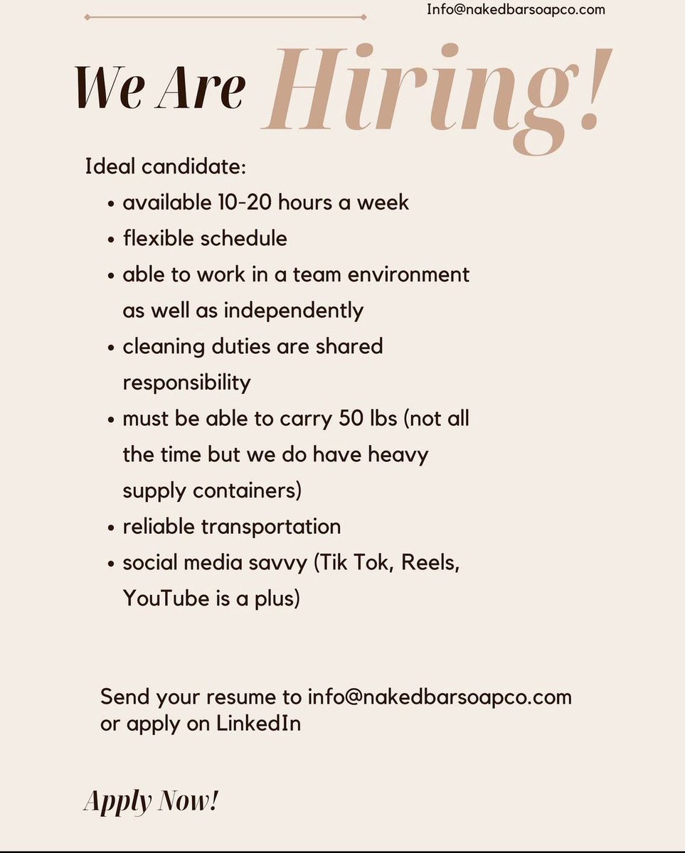 OfficialBOBDapp's tweet photo. Our friends at @NakedBarSoapCo is looking for someone to join their team! 

If you are looking for a new opportunity &amp; match their requirements send over your resume to info@nakedbarsoapco.com! 📧 https://t.co/iTE7nxazMG