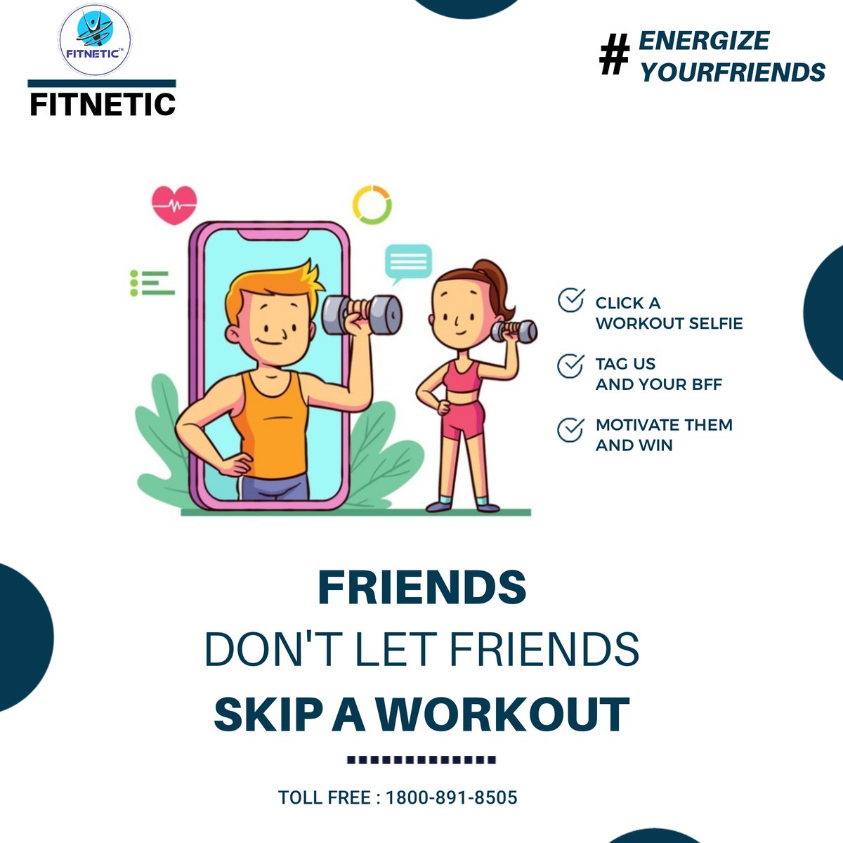 AndFitnetic's tweet photo. #energizeyourfriends 
1- click a workout selfie
2- tag us &amp; your best friend
3- motivate them &amp; Win Prizes
Hurry up
Toll Free :1800-891-8505
.
.
.
#fitnetic #fitneticgym #workout #workoutmotivation #workoutwithfriends #win #prize #gymlife #india #fitindia https://t.co/pUtHQdSIqD