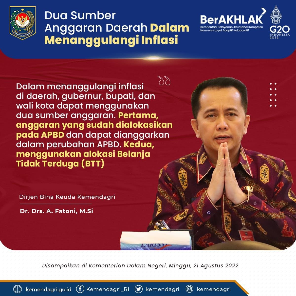 ditjenbinakeuda's tweet photo. Dalam menanggulangi inflasi di daerah, Gubernur, Bupati, &amp; Wali kota dapat menggunakan dua sumber anggaran. Pertama, anggaran yang sudah dialokasikan pada APBD dan dapat dianggarkan dalam perubahan APBD. Kedua, menggunakan alokasi Belanja Tidak Terduga (BTT). https://t.co/uyohclXyk7
