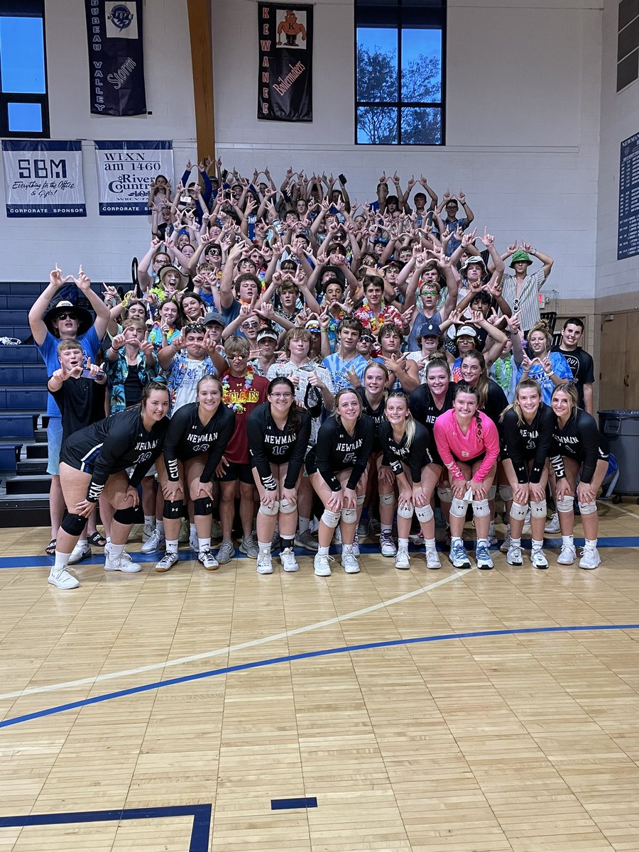 ncchsvball's tweet photo. Thank you to our great student section and all our fans! Hard fought win over Sterling in 3 tonight!   #GoComets #beachtheme @NewmanCCHS https://t.co/fZV6EcPtYG