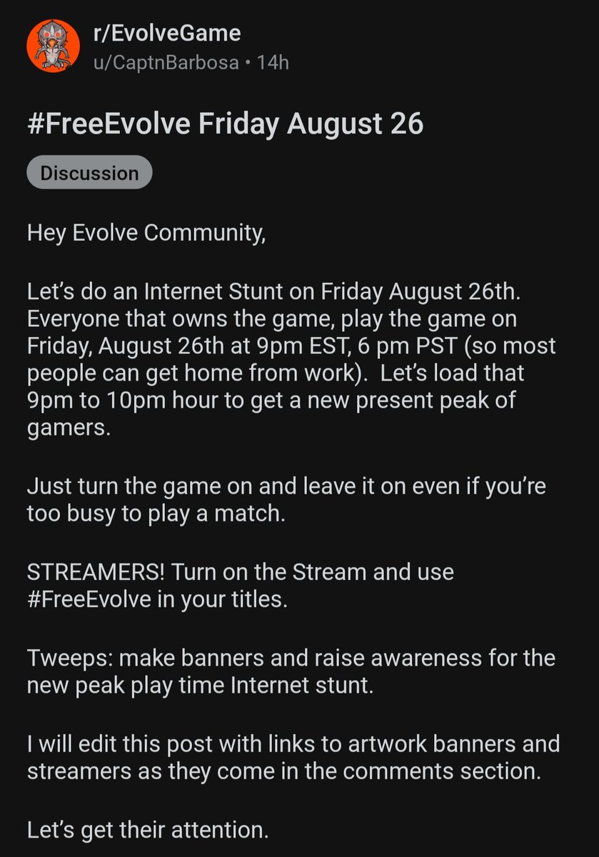 EvolveReignited's tweet image. Friday the 26th! Today is Evolve Day everyone, please try your best to play today and enjoy your matches! This was recently shared in the Discord announcements aswell. @CaptnBarbosa glad to see your idea has brought the community together. #FreeEvolve #EvolveStage2
