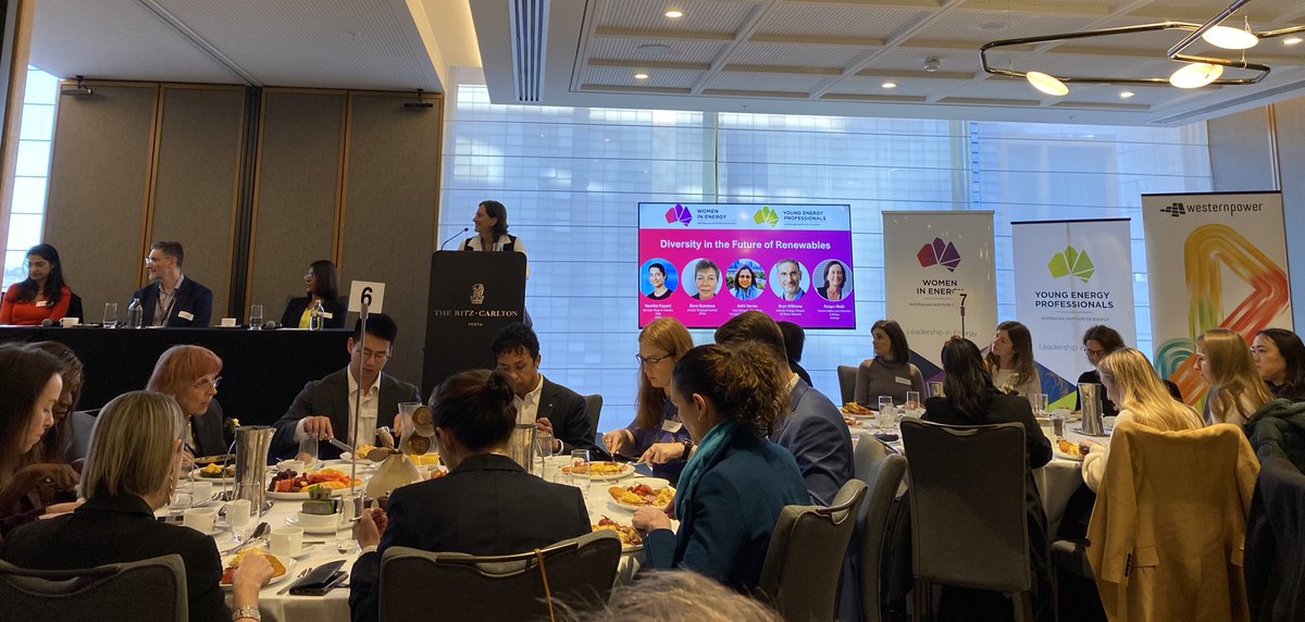 wombatsam7's tweet photo. Absolutely fantastic panel discussion at the Women in Energy/Young Energy Professionals’ breakfast at the @EnergyWA1 conference this morning. ‘Diversity in the Future of Renewables’. The industry is making great strides and other industries could learn from it. https://t.co/E2Dpu4LHwK