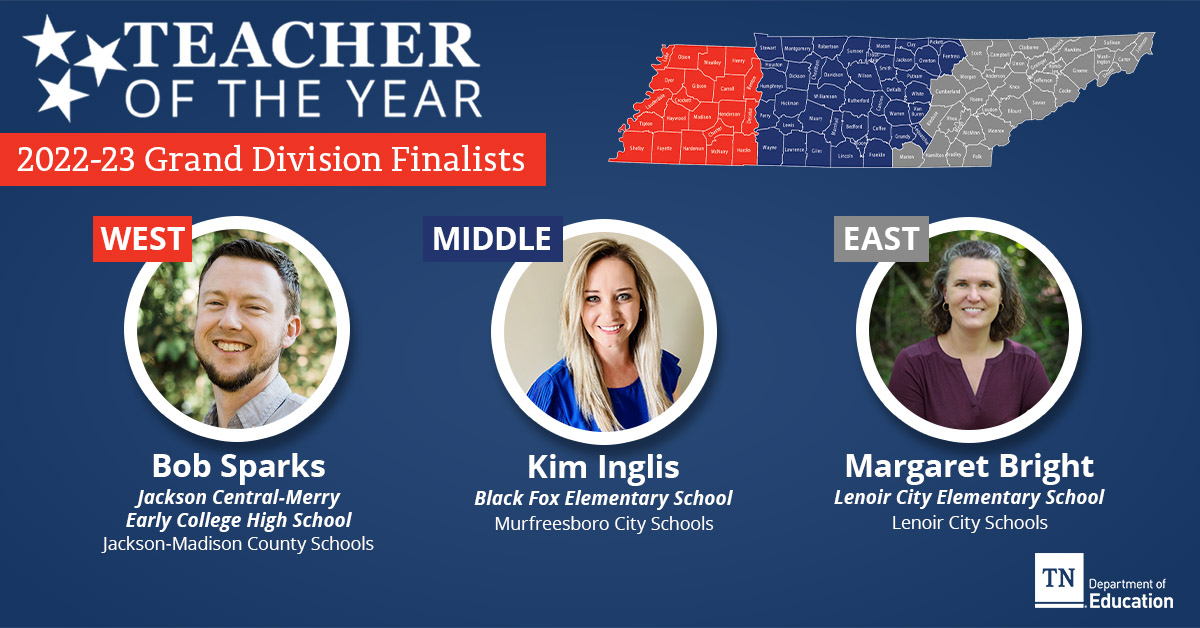 TNedu's tweet photo. Shout out to our 2022-23 Tennessee Teacher of the Year Grand Division finalists! Thank you for all your hard work and dedication to your students. Help us celebrate these amazing educators! https://t.co/APB7Bx4Vzl