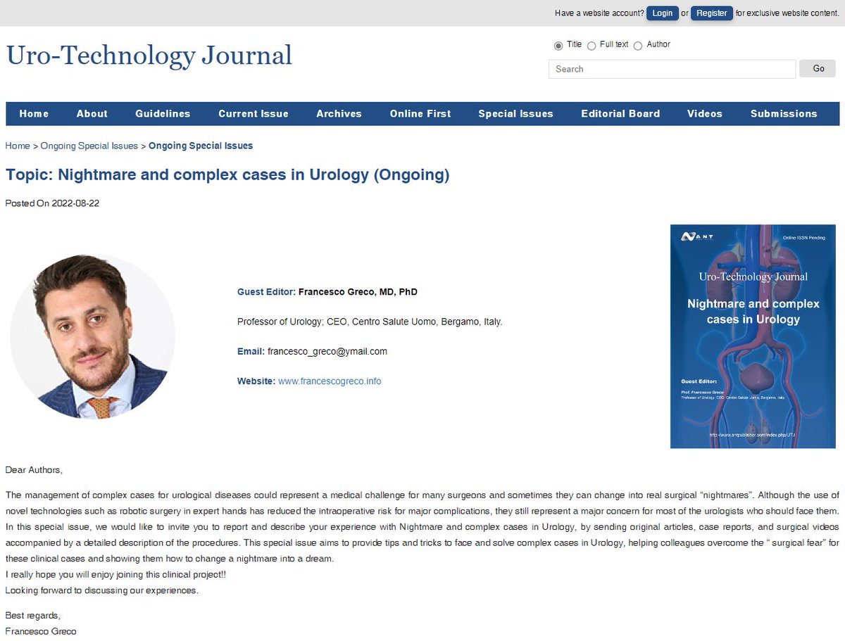 Alan Zhou (@alanzhou2022) on Twitter photo The first special issue "Nightmare and complex cases in Urology" of Uro-Technology Journal <a href="/urotech_journal/">Uro-technology Journal (UTJ)</a> edited by Prof. Francesco Greco <a href="/Greco0777/">Francesco Greco</a> is officially online (antpublisher.com/index.php/UTJ/…)👏, welcome to submit your research paper to this special issue!🙋♂️ The first special issue "Nightmare and complex cases in Urology" of Uro-Technology Journal <a href="/urotech_journal/">Uro-technology Journal (UTJ)</a> edited by Prof. Francesco Greco <a href="/Greco0777/">Francesco Greco</a> is officially online (antpublisher.com/index.php/UTJ/…)👏, welcome to submit your research paper to this special issue!🙋♂️