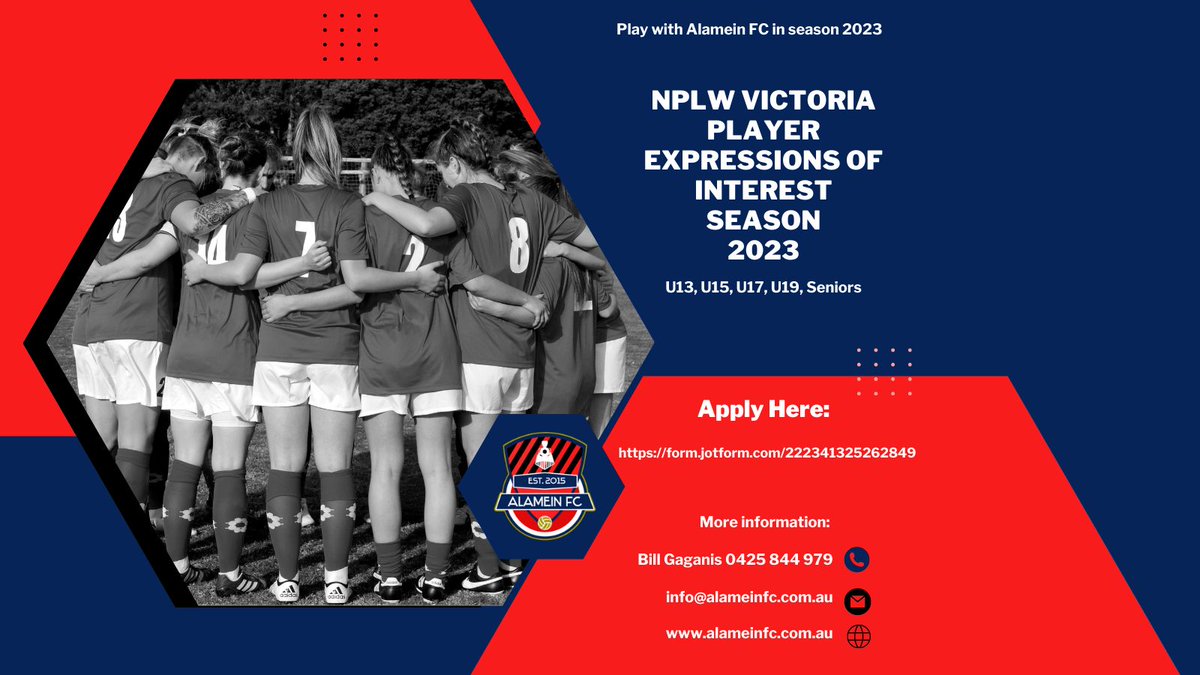 Alamein FC is seeking Expressions of Interest from players across all age groups for our Junior Girls &amp; Women's NPLW Squads. register here: form.jotform.com/222341325262849
#nplwvic #footballvic