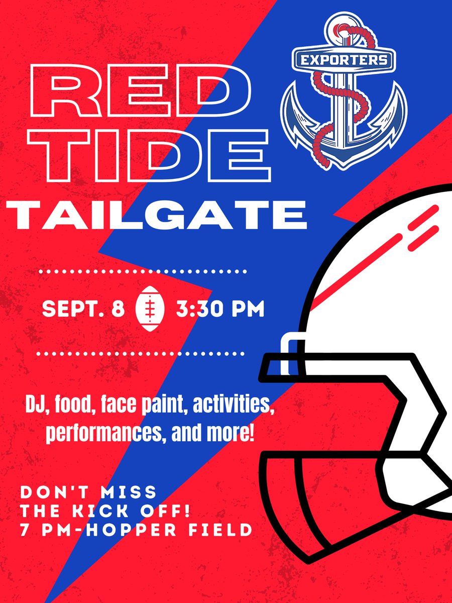 RandiHunter20's tweet photo. Community Tailgate for our traditional Red Tide game!!! Come out for food, fun and FOOTBALL... if you have a Red Tide shirt, you get in for free!!! #ExporterPride #AnchorDown ❤️💙⚓️ https://t.co/imhoW1gluv