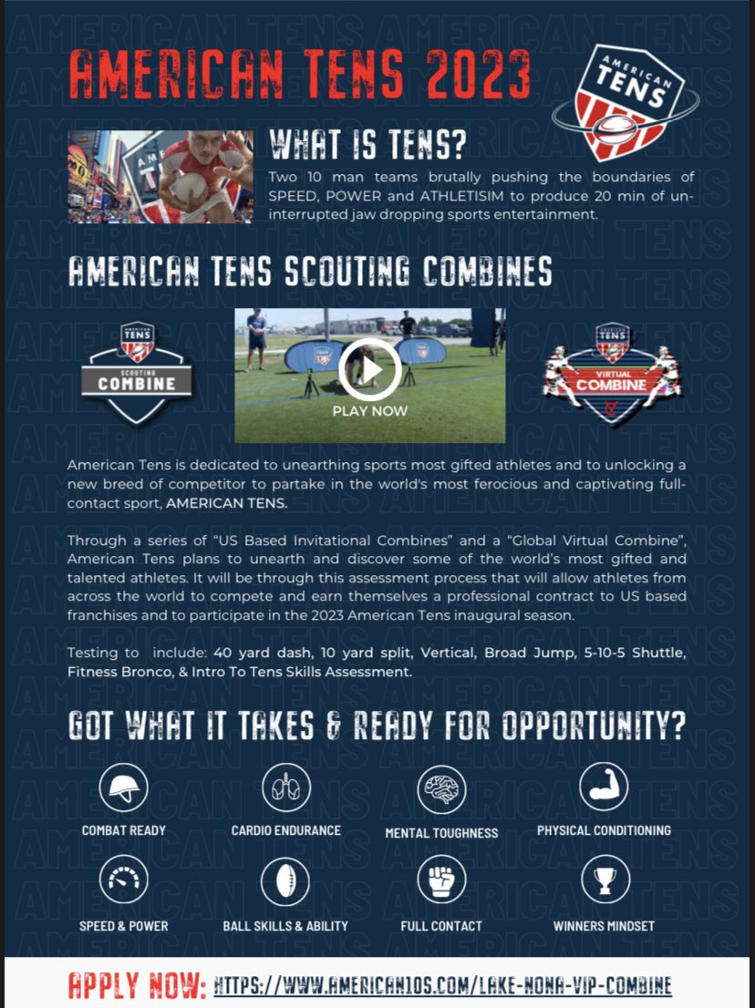 PaulFair's tweet photo. Any football🏈 guys open to an opportunity outside of football?!

American 10s is looking for the most talented &amp; baddest dudes out there to earn a pro rugby🏉 contract. They’re holding an invite only combine specifically for football players this October in Lake Nona FL. 👇 https://t.co/OnxyiUo9tX