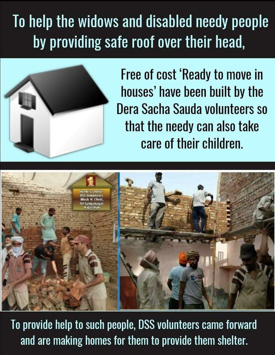 Aayat025's tweet photo. Everyone dreams of a secure roof over their head but there are several homeless people who are unable to afford a home. #DeraSachaSauda followers with the inspiration of MSG contribute financially, materially and the extreme destitute the dream homes for  homeless .
#GiftOfHome https://t.co/w85wOuRuA1