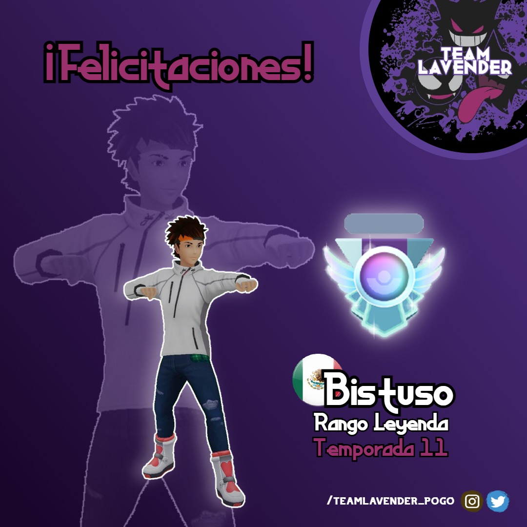 ArenaLavender's tweet photo. Felicitaciones Bistuso 😎🎊

Felicitamos a @elnouts por lograr el rango leyenda en la temporada 11 ✨

Enhorabuena crack! 

#PokemonGO #Pokemon #temporada11 #TeamLavender https://t.co/1TXFlJEyyX