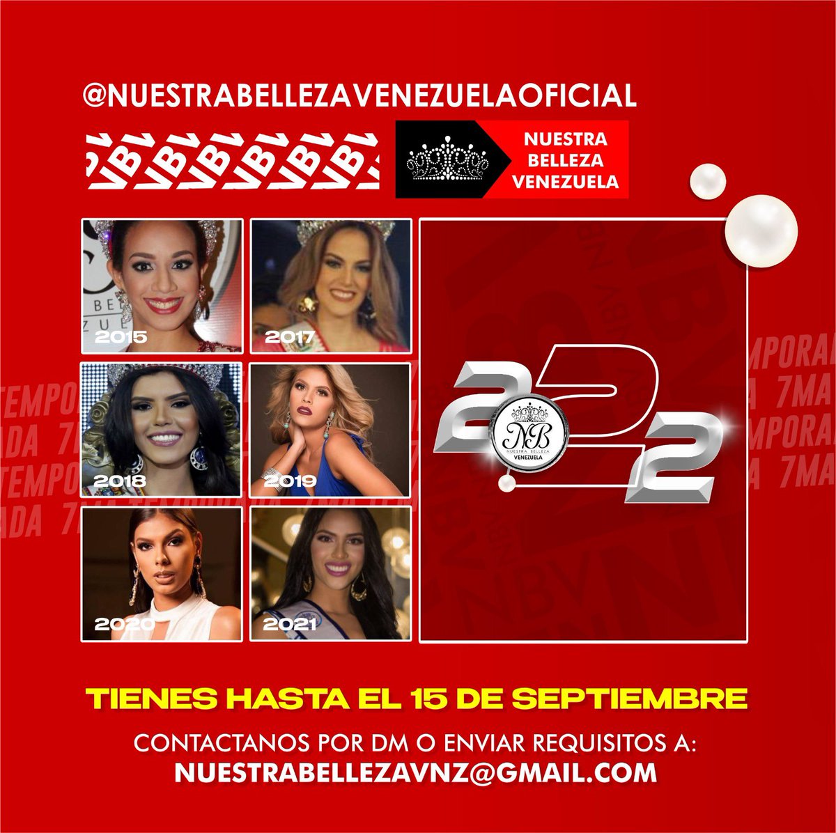 NBVenezuela's tweet photo. Tú puedes ser como ellas y convertirte en la próxima 𝗡𝗨𝗘𝗦𝗧𝗥𝗔 𝗕𝗘𝗟𝗟𝗘𝗭𝗔 𝗩𝗘𝗡𝗘𝗭𝗨𝗘𝗟𝗔 2022 🌹👑 postúlate a esta gran oportunidad y vive la experiencia 🙌🏼

#NBV2022 #nuestrabellezavenezuela #2022 #corona #miss #concurso #venezuela #castingvirtual #temporada2022 https://t.co/ybIEemfWia