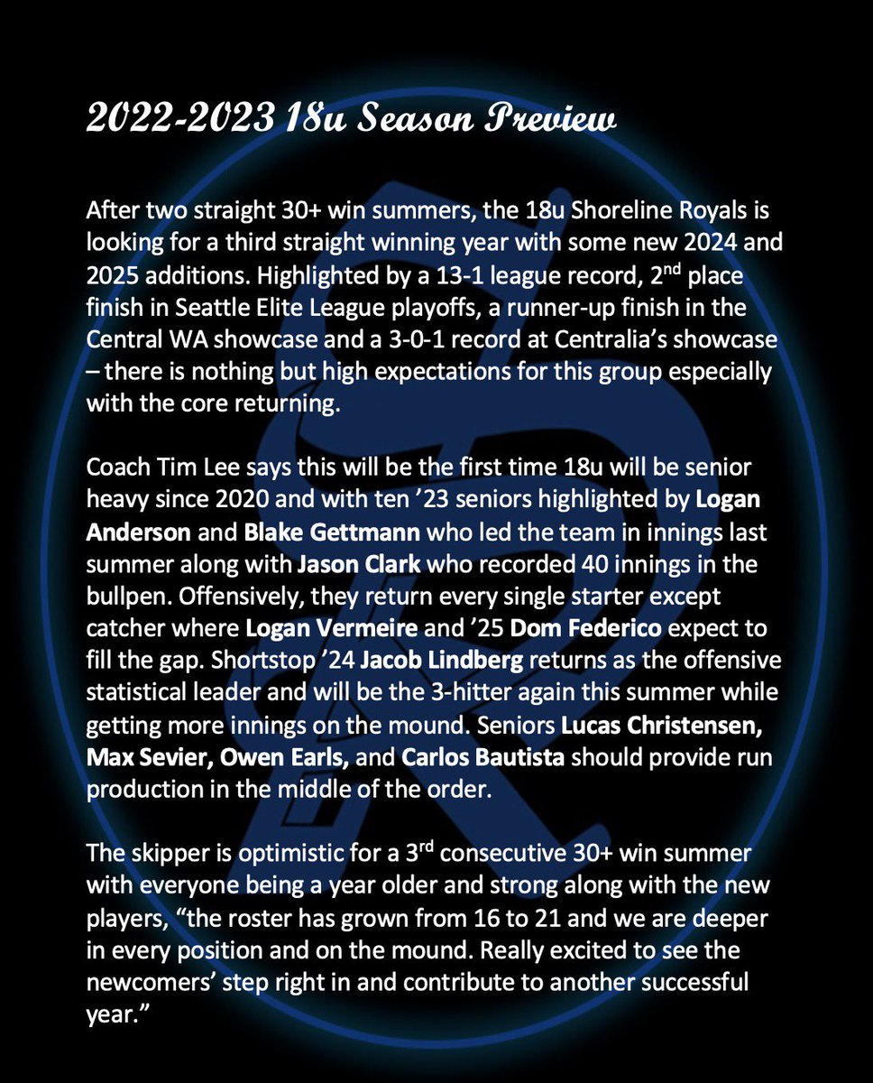 ShorelineRoyals's tweet photo. 18u season preview by @coachtimlee - our skipper is 81-57 in 3 years and thinks year 4 will be even better. 

#earnthecrown👑 https://t.co/IFDOD3rBTY